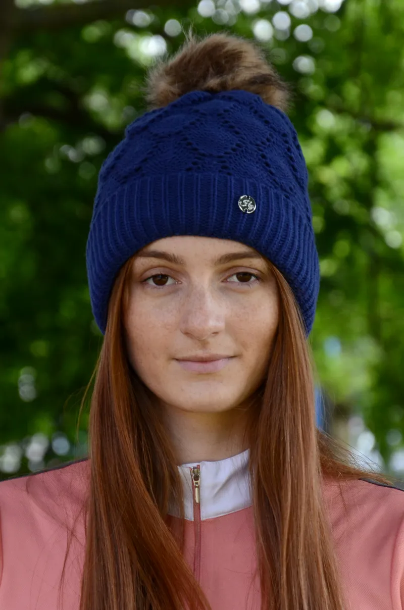 Hy Equestrian Saskatoon Knitted Bobble Hat - Navy/Peony-1